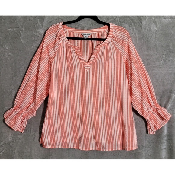 Tommy Bahama Tops - Tommy Bahama Blouse Womens M Orange White Striped Balloon Sleeve Tunic Top
